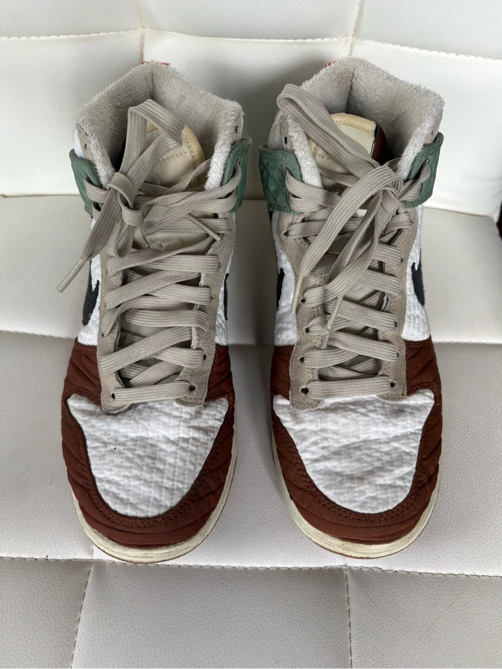 Nike Men’s High-Top Nike Dunk Sneakers in White, Brown & Green